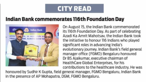 Indian Bank Honours Dr. BS Ajaikumar for his outstanding contributions to the healthcare industry