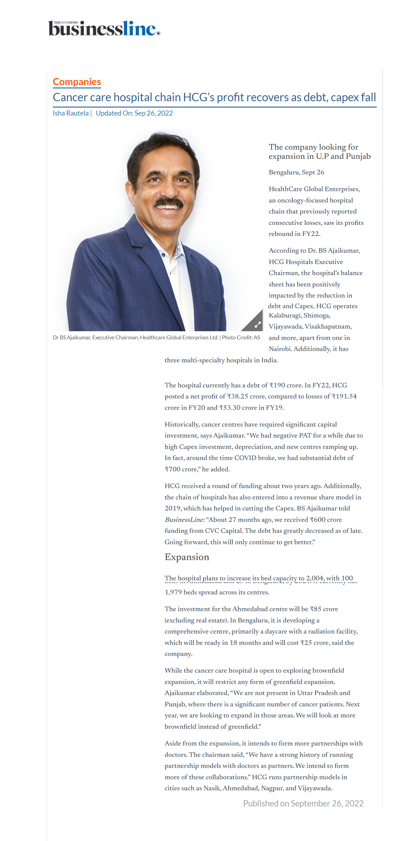 News Update: An exclusive interview Dr. BS Ajaikumar, our Executive Chairman was featured in The Hindu Business Line publication