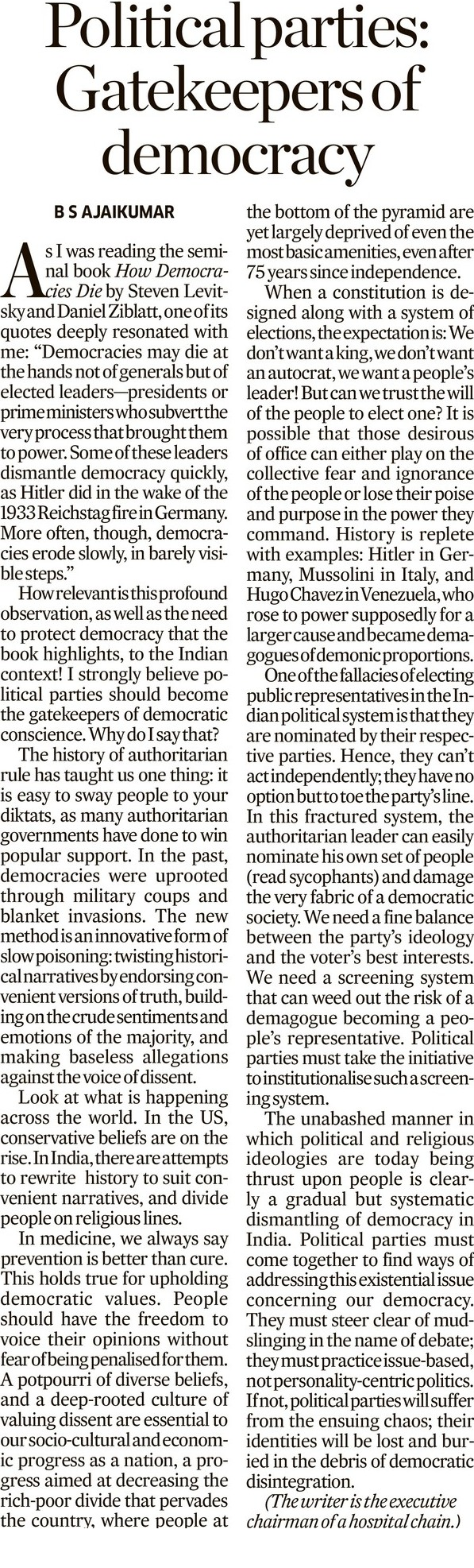 A thought leadership article on 'Political parties: Gatekeepers of democracy' contributed by Dr. BS Ajaikumar was featured in the Deccan Herald publication